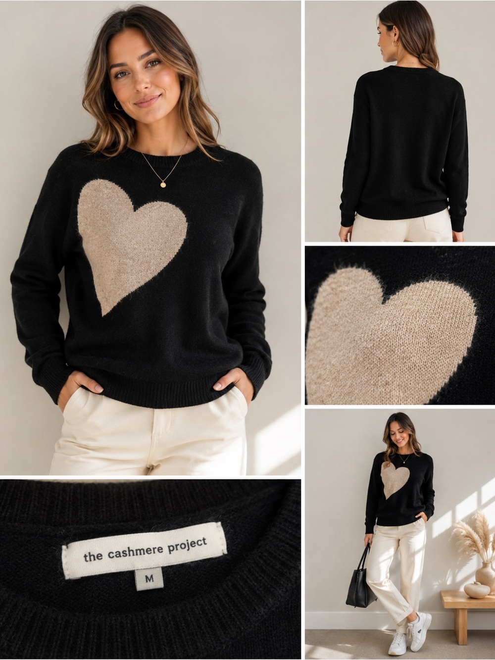 The Cashmere Project 100% Cashmere Heart Sweater Black Cream Size M Luxury